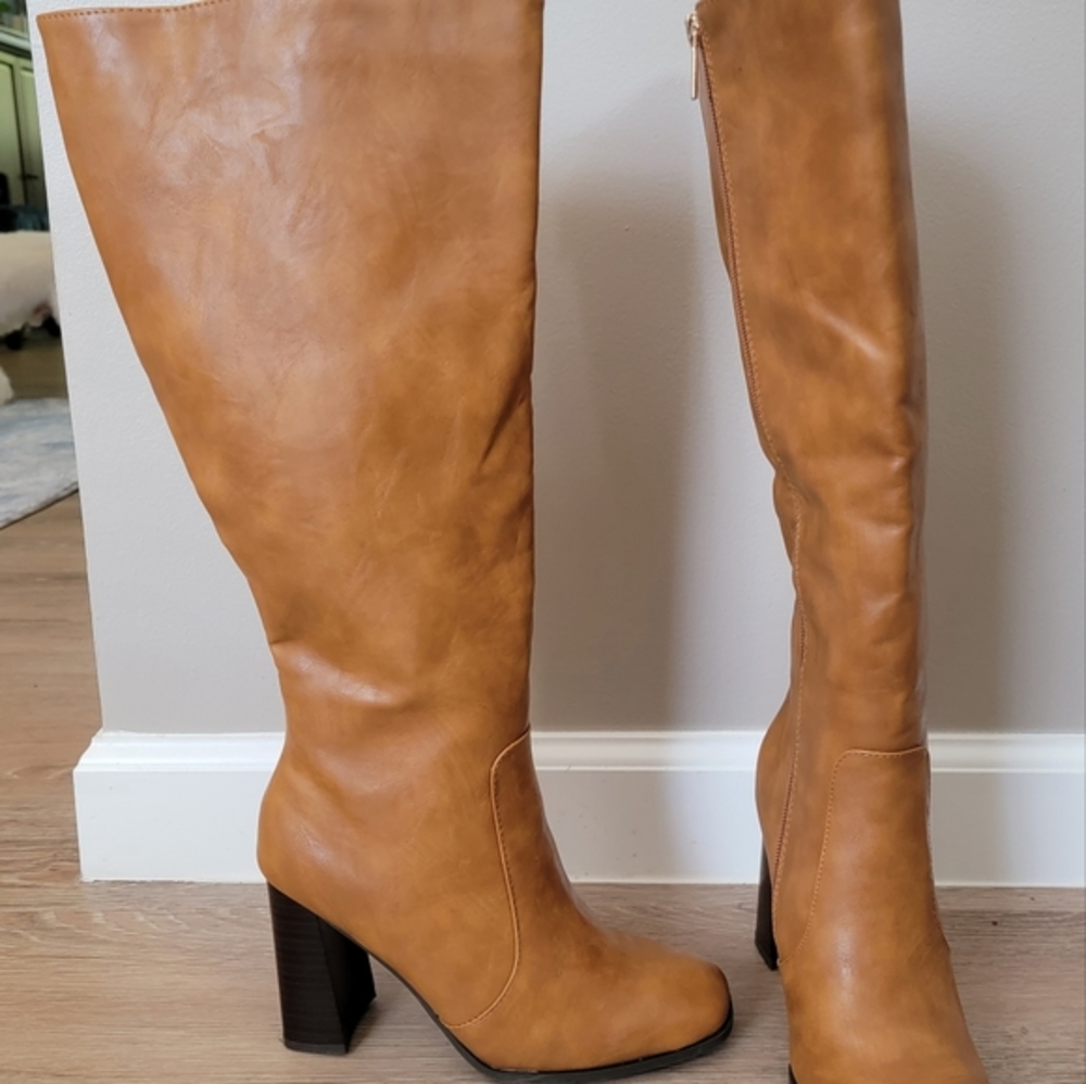 Cognac Faux Leather Wide Calf Boots.  Suze 6 Journee Collection Karima